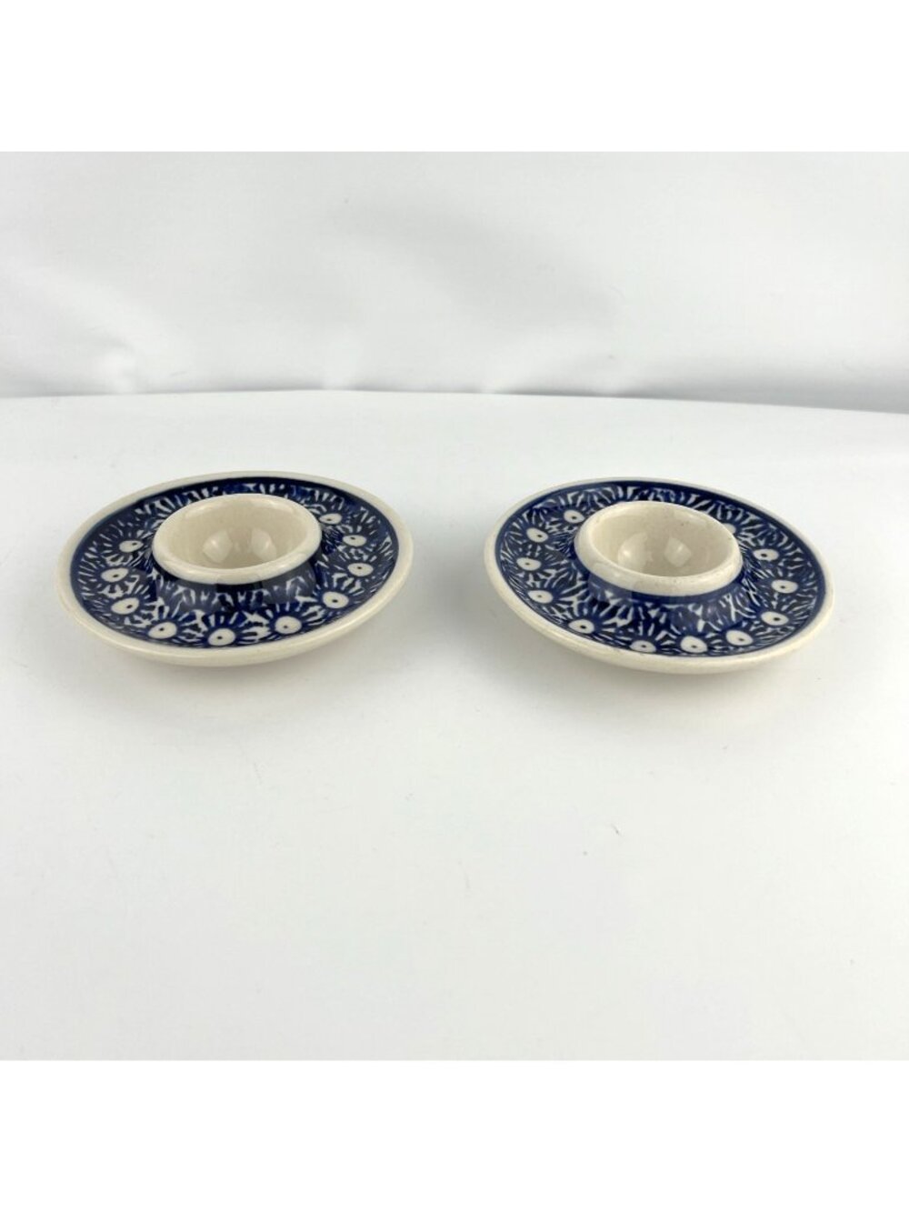 Polish Pottery Set of 2 Soft Egg Cup Holder Plates Boleslawiec Blue and White